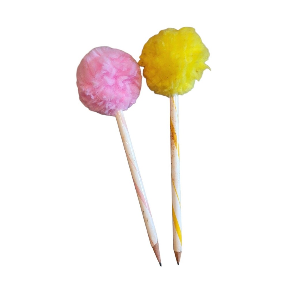 2 Vintage Pom Pom Pencils Striped Pink And Yellow Used